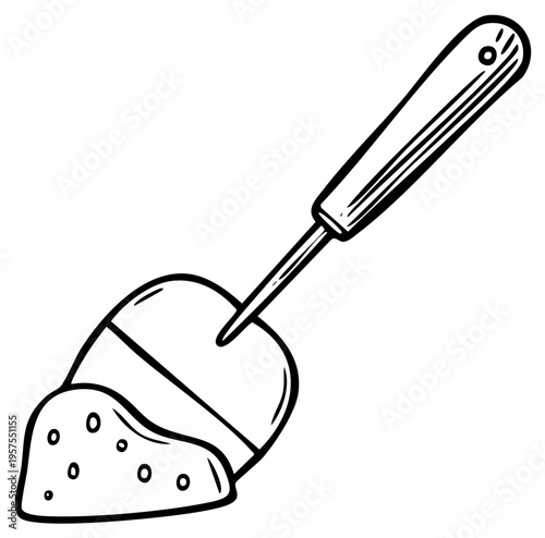 Cartoon hand shovel scooping up dirt isolated on white background.