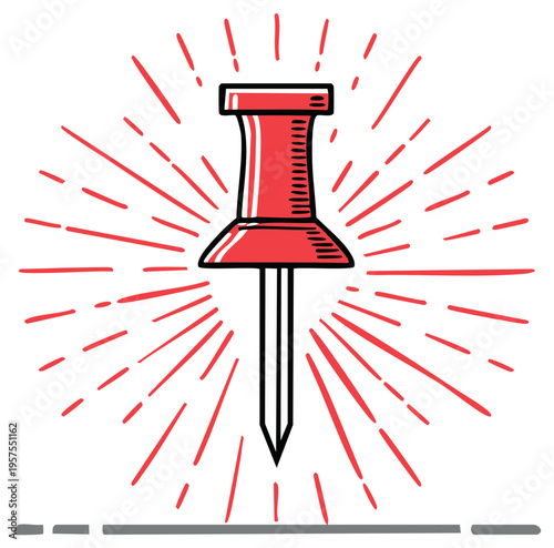 Red pushpin with retro sunburst illustration, office supply concept.