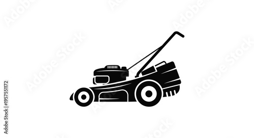 A stark black silhouette depicts a classic rotary lawnmower showcasing its form and function silhouette high quality professional detailed modern elegant