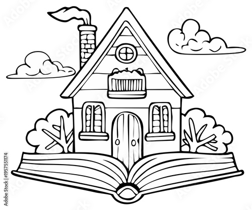 Fantasy House Above Open Book With Smoke Rising and Clouds Illustration
