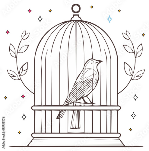 Illustration of a bird in a cage, surrounded by leaves and sparkling stars.  Symbol of freedom and captivity.