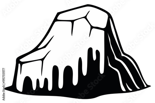 Abstract illustration of a mountain with melting ice or snow, stylized graphic in black and white.