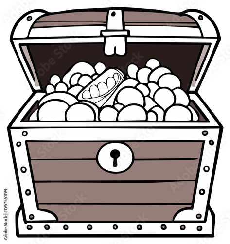 Cartoon Treasure Chest Open and Full of Gold Coins and Jewels Illustration