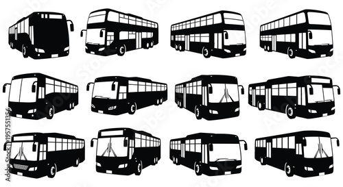 A collection of black double decker and single decker buses shown in various angles represented as a silhouette high quality professional detailed modern