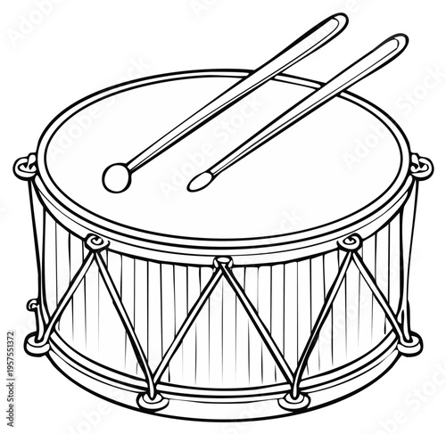 Line Art Illustration of a Drum with Drumsticks Black and White Musical Instrument Graphic Outline Drawing Ready to Color In