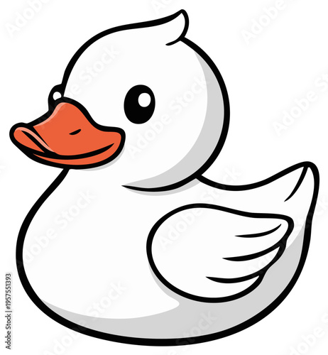 Cartoon illustration of a white rubber duck with black outlines and an orange beak.