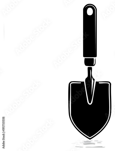 Black and white illustration of a garden trowel with a handle and a pointed blade