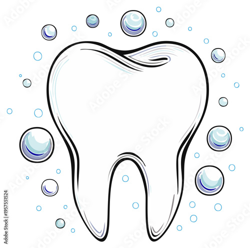 Healthy white molar tooth illustration with fresh bubbles symbolizing dental care and hygiene