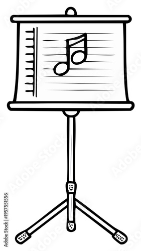 Simple black and white drawing of a music stand with sheet music and a musical note