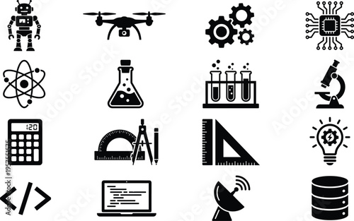 STEM Education Icon Set Featuring Robotics Drone Coding Mathematics Science Laboratory and Technology Symbols for Learning Design Collection