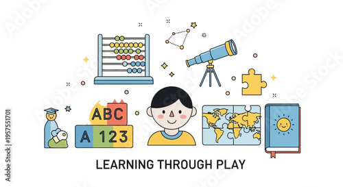 Happy child learning through play with educational toys and school supplies