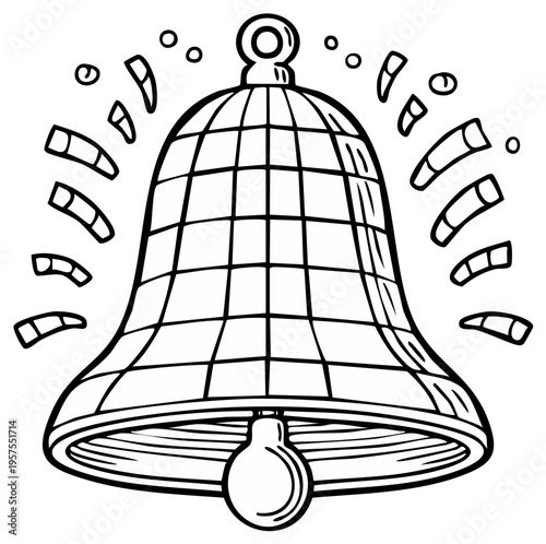 Cartoon bell ringing with sound waves, line art illustration for announcement or celebration.