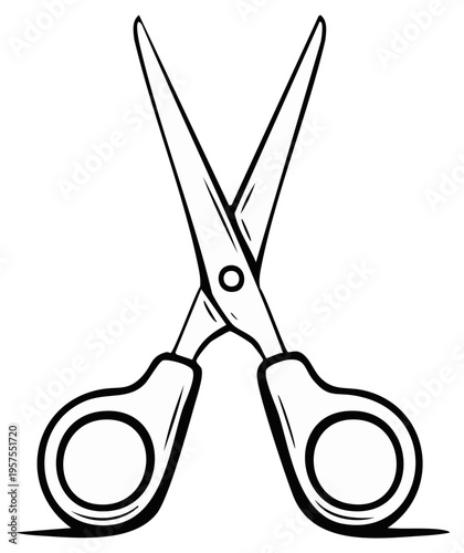 Open scissors illustration with handles, stainless steel blade and cast shadow, cutting tool artwork