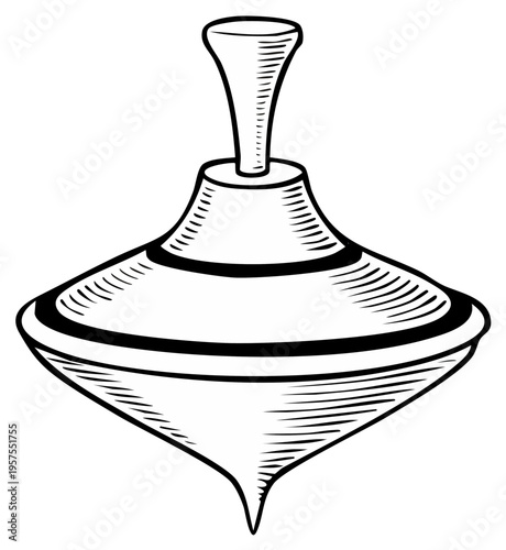 Illustration of a classic spinning top toy, black and white
