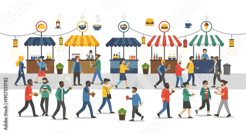 Diverse crowd enjoying food stalls at a vibrant outdoor market festival
