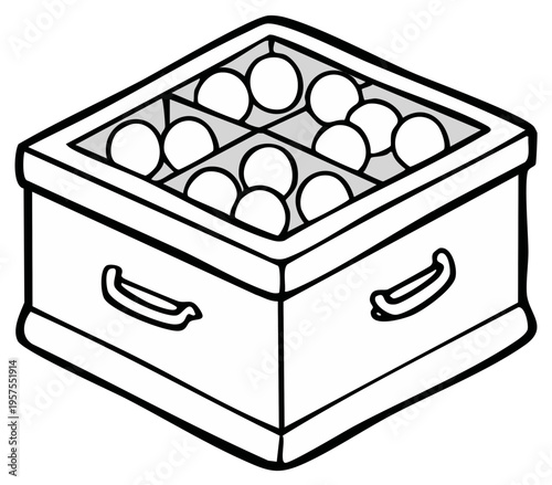 Black and white illustration of a box filled with round objects in compartments
