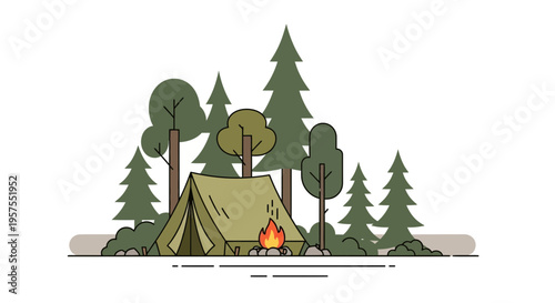 Cozy Camp Tent with Campfire in Forest - Outdoor Adventure Illustration