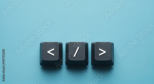 Three black keyboard keys on blue background with white symbols black keys less than greater than
