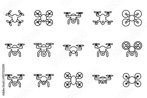 Set of drone and quadcopter line icons for technology design