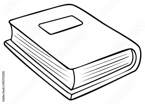 Stylized monochrome line drawing of a closed hardcover book featuring a blank rectangular label space