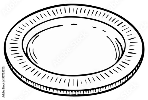 Illustrated plate or dish with ridged rim, black and white line art