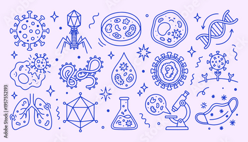 Microbiology doodle collection with clean outline style. Virus, bacteria, cell, dna, microscope, flask, lungs, droplet. Detailed medical elements for healthcare, laboratory research and education.