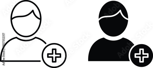 Two user one outlined and one solid black with plus symbol user outline solid black and white