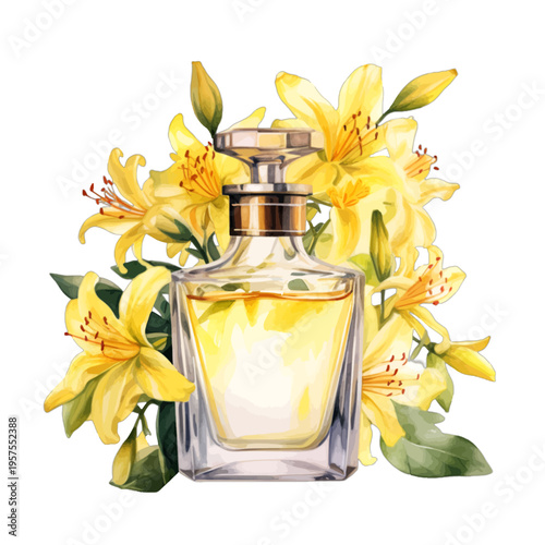Watercolor Perfume Bottle with Yellow Lily Flowers and Green Leaves
