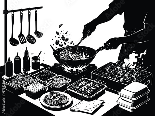 Street Food Cooking Scene Silhouette with Chef Stir Frying in Wok Grill Skewers and Ingredients Outdoor Kitchen Food Preparation Illustration