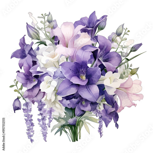 Watercolor Purple Campanula Bellflower and White Lily Bouquet