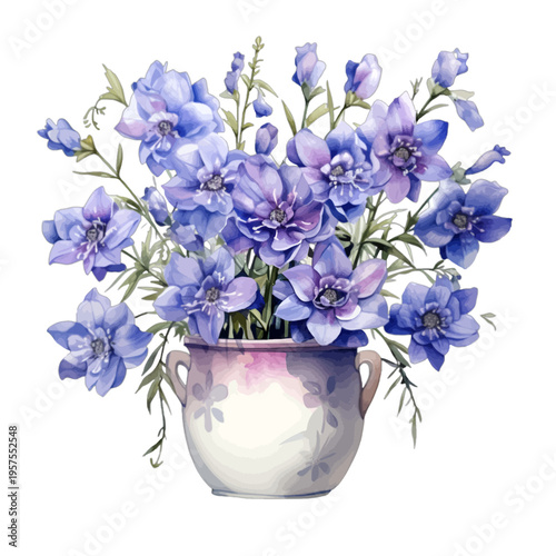 Watercolor Blue Delphinium Larkspur Bouquet in Ceramic Pot on White