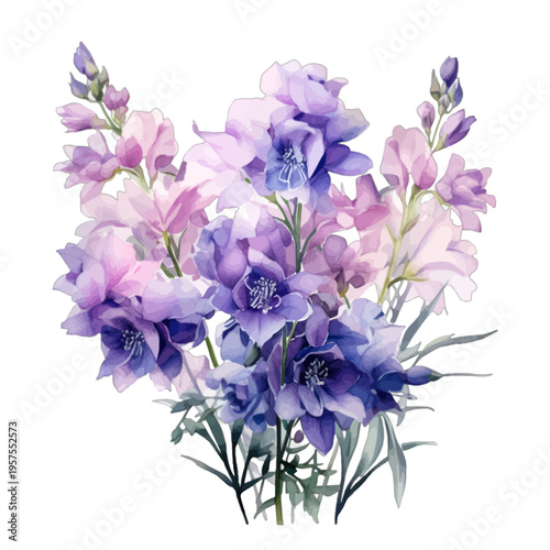 Watercolor Purple and Pink Delphinium Larkspur Flower Bouquet Clipart
