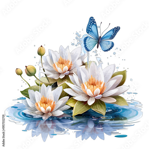Watercolor White Water Lily Flowers and Blue Butterfly on Water Pond