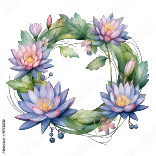 Watercolor Lotus Flower Wreath Frame with Blueberries and Leaves