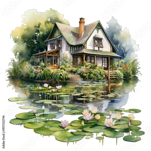 Watercolor Country House Cottage by Pink Water Lily Pond Garden