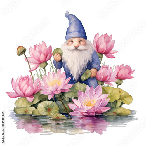 Watercolor Garden Gnome Among Pink Lotus Flowers and Lily Pads in Pond