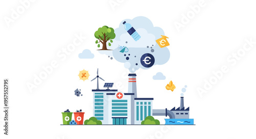 Sustainable Industry & Environmental Impact: Green Economy, Pollution, Waste Management, and Renewable Energy Illustration