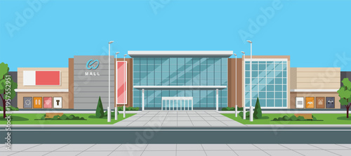 Modern Shopping Mall Exterior Flat Illustration. City mall entrance. Mall park. Shopping mall building. Department store.