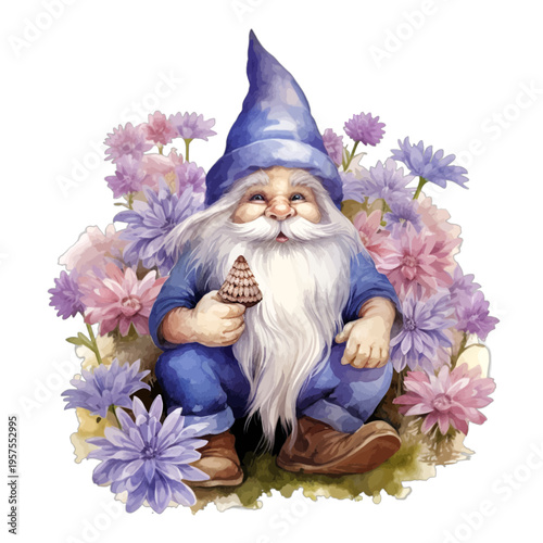Watercolor illustration of a cute garden gnome with a white beard and blue hat sitting in a bed of purple and pink flowers, isolated on white.