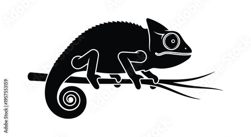 A striking black silhouette of a chameleon clinging to a branch showcasing its unique form silhouette high quality professional detailed modern