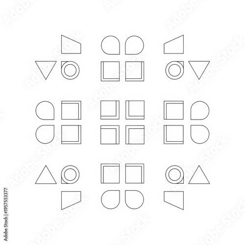 Symmetrical abstract arrangement of simple geometric shapes in a clean, modern design