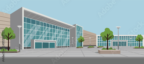 Modern Shopping Mall Building Exterior Flat Illustration. Office entrance. City mall park. Apartment building. Mall landscape.