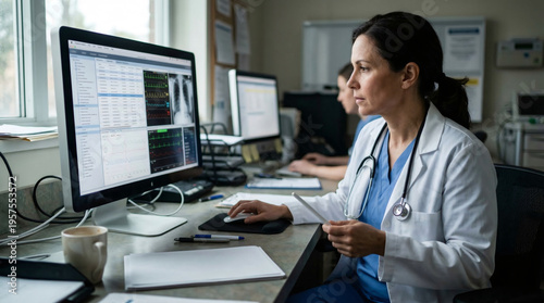 Woman doctor reviewing patient medical data on computer monitor in hospital office. Professional physician analyzing clinical reports and diagnostic imaging for healthcare treatment.
