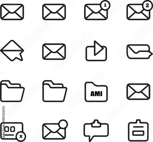 Collection of outline icons representing email and folder symbols, ideal for digital communication and organization interfaces