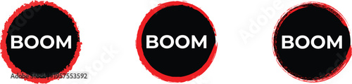 Three black oval shapes with red edges and boom text