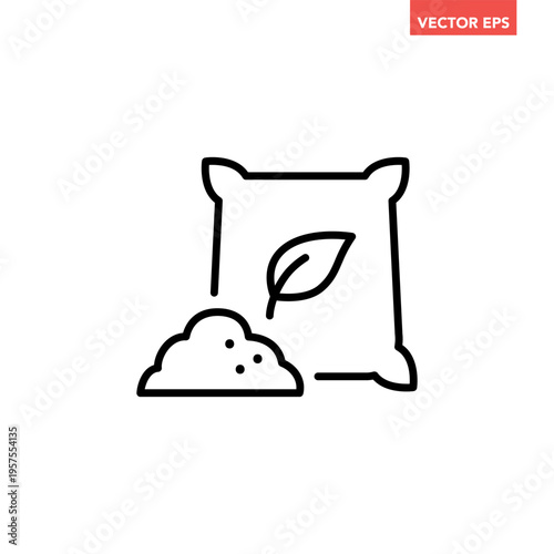 Black single plant fertilizer line icon. Simple fertilizer sack for sprout growth flat design vector pictogram, infographic interface element for app logo web button ui ux isolated on white background