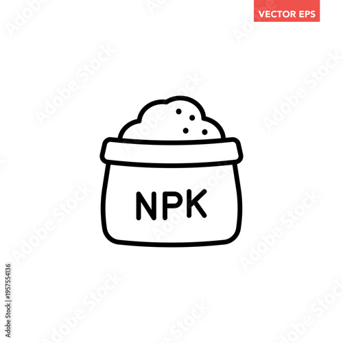 Black single NPK garden fertilizer line icon, farming plant fertilizer bag flat design vector pictogram, infographic interface element for app logo web button ui ux isolated on white background