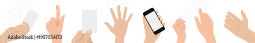 Set of human hands in different gestures including pressing, holding a phone, holding a card, and grasping objects. Flat vector illustration isolated on transparent background