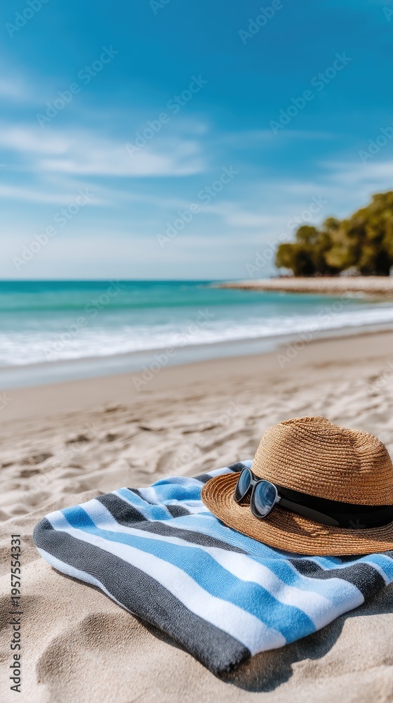 Obraz premium Summer day at the beach with beach towel, straw hat, and sunglasses on the sand near the ocean under a clear sky and bright sun
