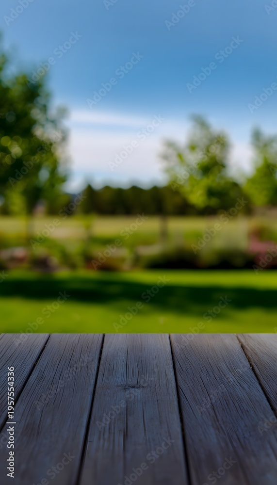 Naklejka premium Tranquil wooden deck scene evokes calm outdoor living a serene landscape of peace